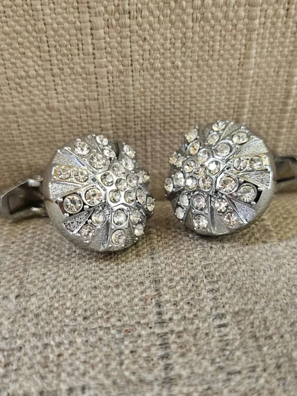 Crystals Accent Cufflinks Men Jewelry Fashion Silver Tone Stud Round Cuff Links